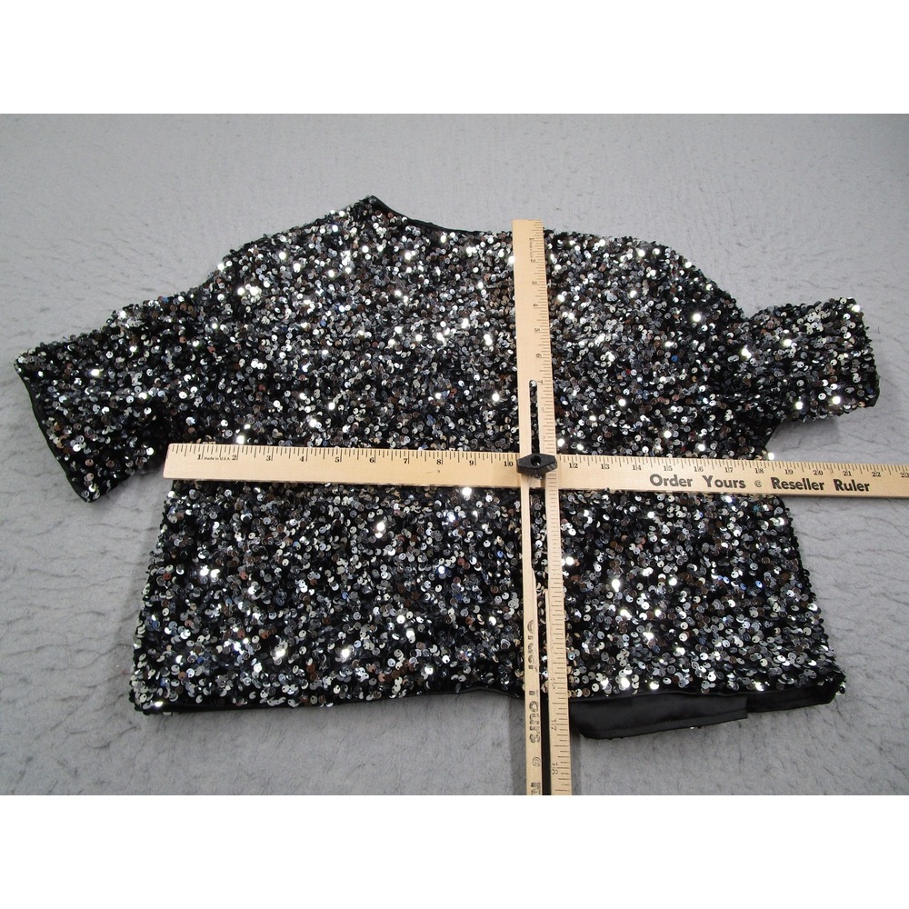 HM Women Black Silver Sequin Bolero Shrug Cropped Ribbon Tie Jacket Small - Picture 4 of 8